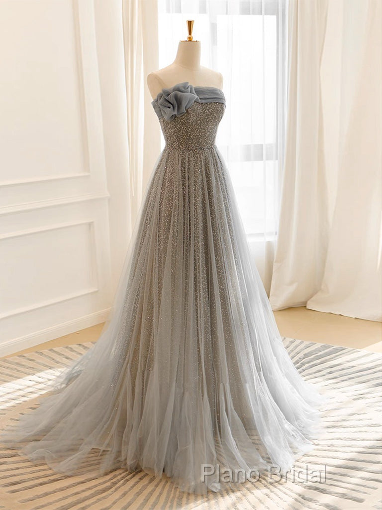 Gray Tulle Sequin Long Formal Prom Dresses, Gray Tulle Long Formal Dresses Secondary image