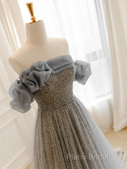 Gray Tulle Sequin Long Formal Prom Dresses, Gray Tulle Long Formal Dresses