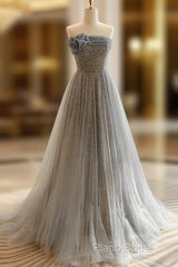 Gray Tulle Sequin Long Formal Prom Dresses, Gray Tulle Long Formal Dresses