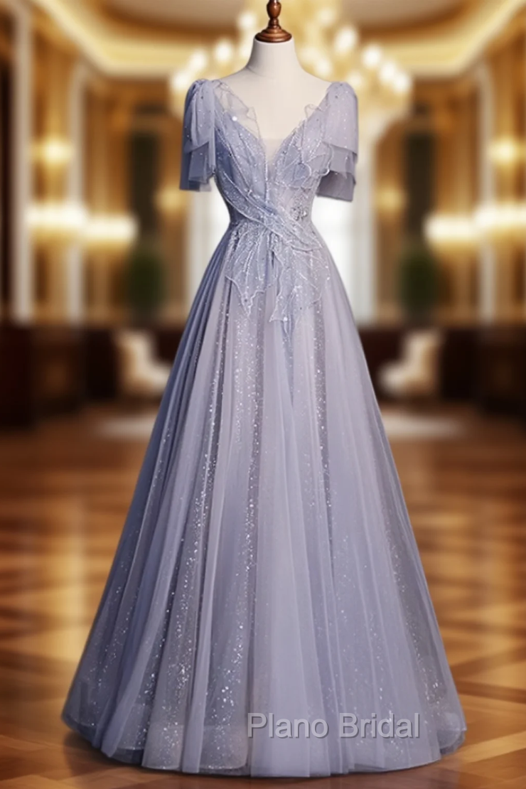 Gray Tulle Sequins Beading V-neck Formal Prom Dresses Main image