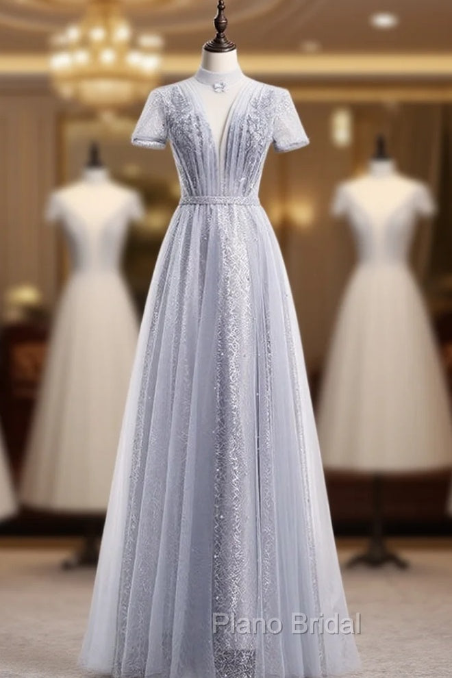 Gray Tulle Sequins High Neck Short Sleeve Beading Formal Prom Dresses Main image