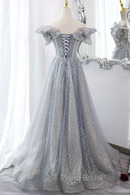 Gray Tulle Sequins Long A-Line Formal Prom Dresses, Off the Shoulder Graduation Dresses