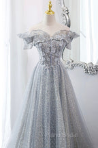 Gray Tulle Sequins Long A-Line Formal Prom Dresses, Off the Shoulder Graduation Dresses
