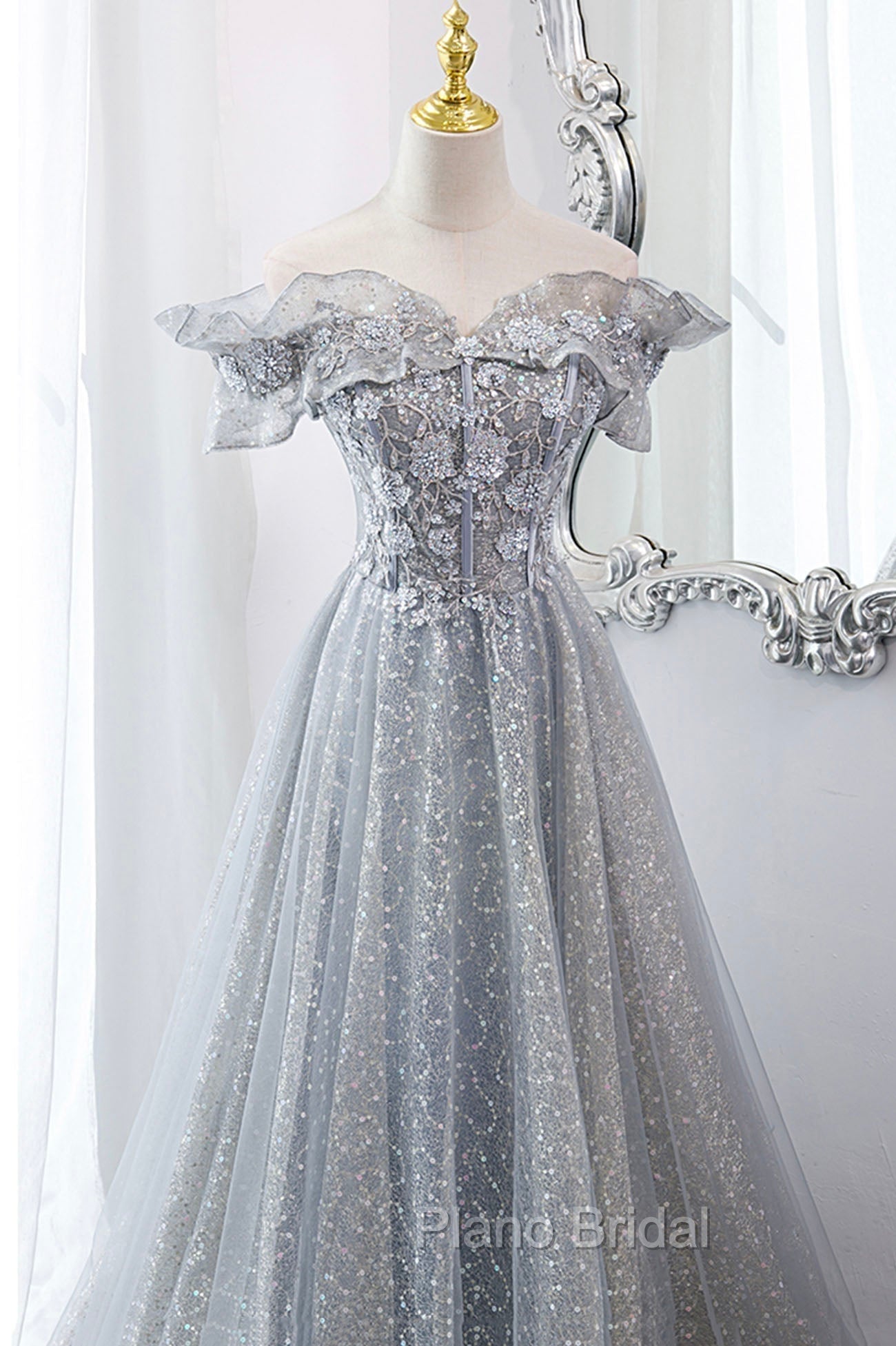 Gray Tulle Sequins Long A-Line Formal Prom Dresses, Off the Shoulder Graduation Dresses