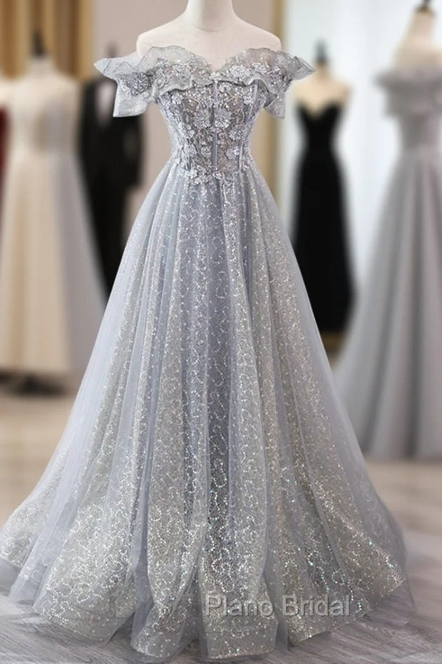 Gray Tulle Sequins Long A-Line Formal Prom Dresses, Off the Shoulder Graduation Dresses Main image