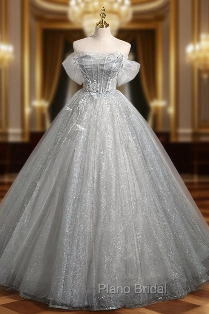 Gray Tulle Sequins Off the Shoulder Appliques Quinceanera Dresses Main image