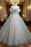 Gray Tulle Sequins Off the Shoulder Appliques Quinceanera Dresses
