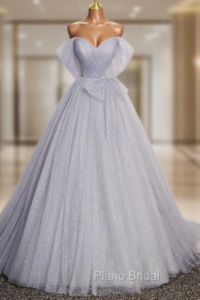 Gray Tulle Sequins Off the Shoulder Pleats Formal Prom Dresses