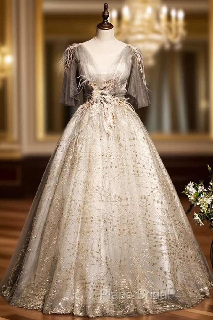 Gray Tulle Sequins Off the Shoulder Formal Prom Dresses Main image