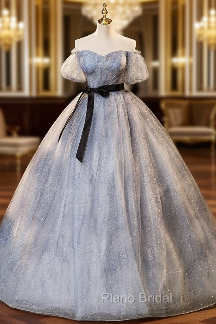 Gray Tulle Sequins Off the Shoulder Puff Sleeve Quinceanera Dresses