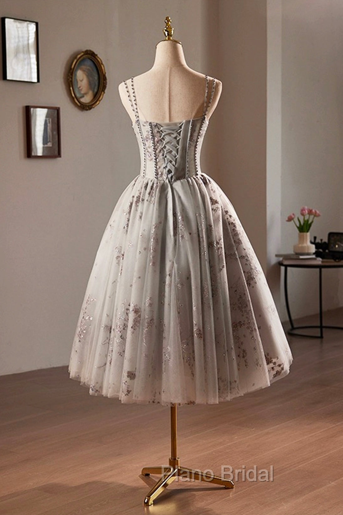 Gray Tulle Sequins Short Formal Prom Dresses, A-Line Spaghetti Straps Backless Party Dresses