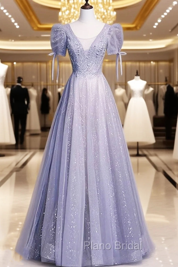 Gray Tulle Sequins Short Sleeve Beading Formal Prom Dresses Main image