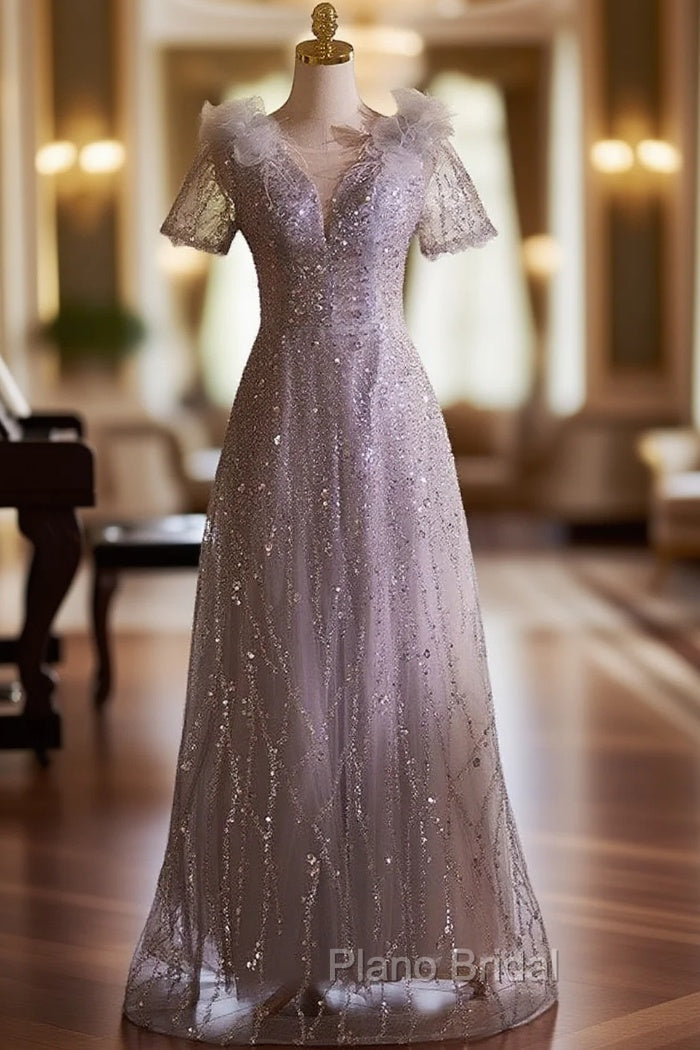 Gray Tulle Sequins Short Sleeve Formal Prom Dresses Main image