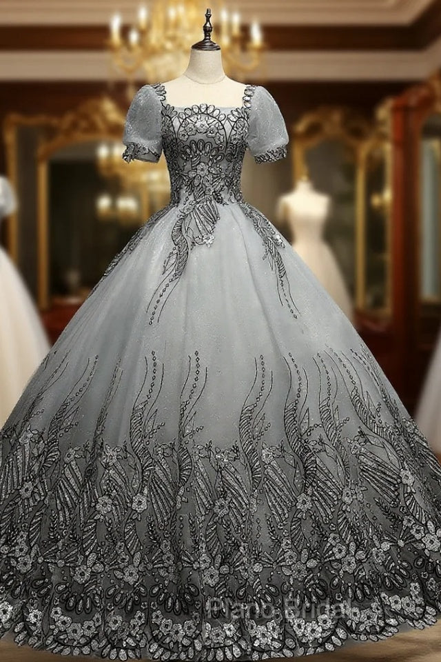 Gray Tulle Sequins Short Sleeve Quinceanera Dresses