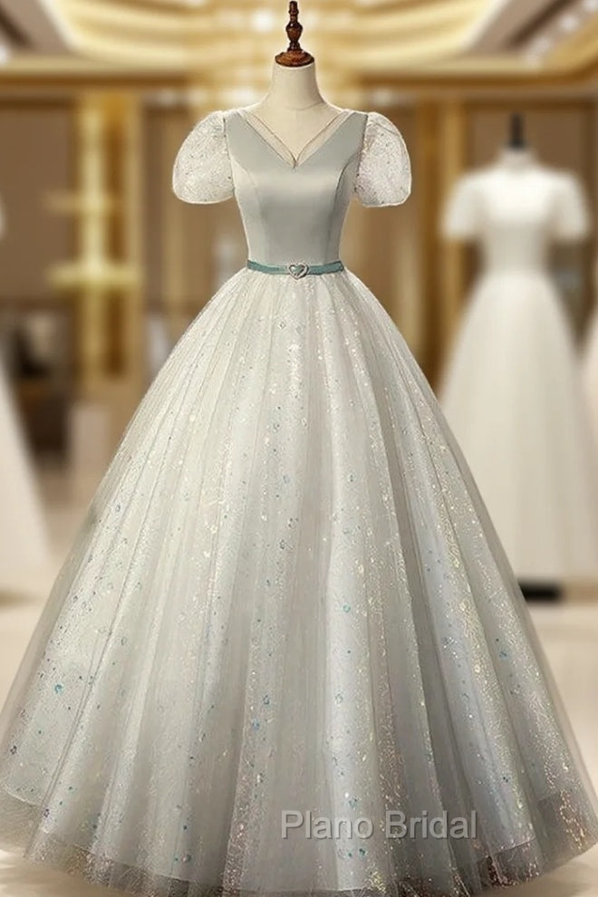 Gray Tulle Sequins Short Sleeve V-neck Quinceanera Dresses