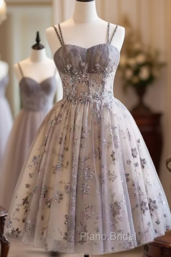 Gray Tulle Sequins Spaghetti Straps Homecoming Dresses