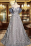 Gray Tulle Sequins Spaghetti Straps Formal Prom Dresses
