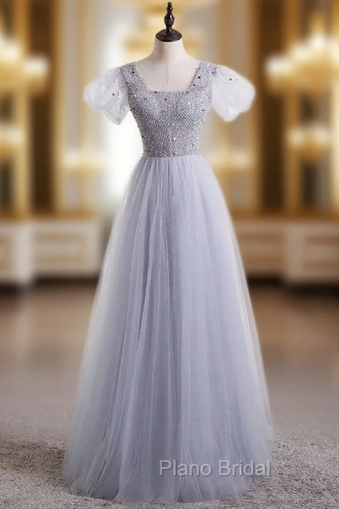 Gray Tulle Sequins Sqyare Short Sleeve Beading Formal Prom Dresses