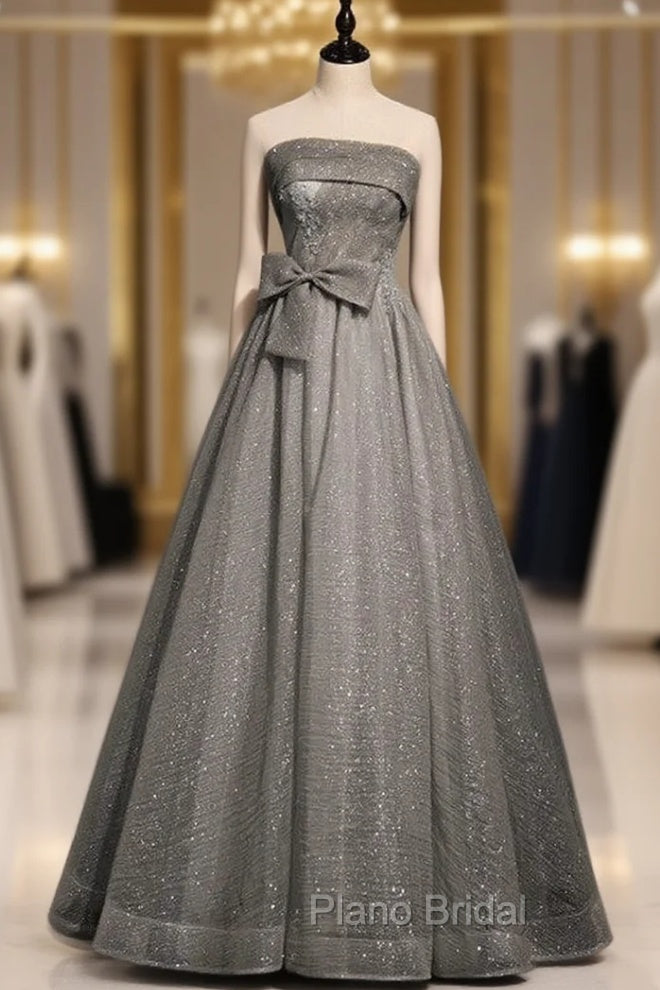 Gray Tulle Sequins Strapless Pleats Beading Formal Prom Dresses Main image