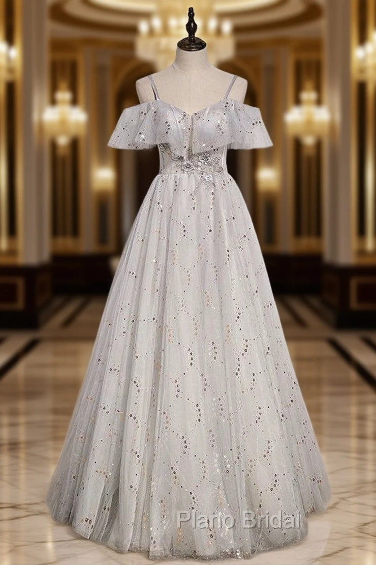 Gray Tulle Sequins Straps Beading Formal Prom Dresses