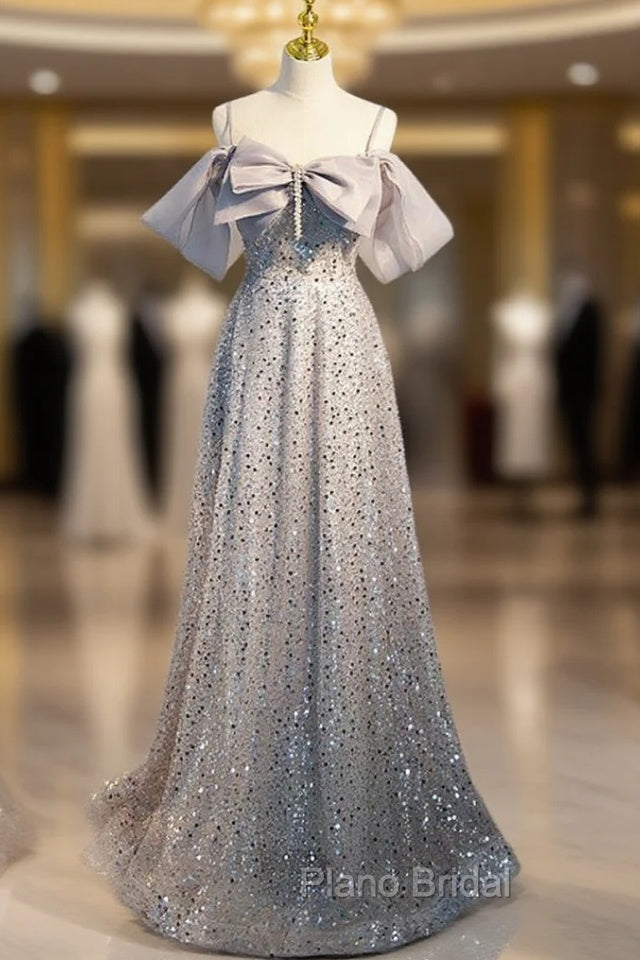 Gray Tulle Sequins Straps Bow Formal Prom Dresses Main image