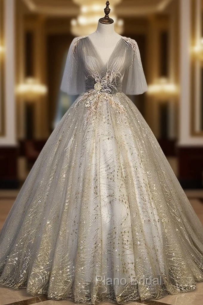 Gray Tulle Sequins V-neck Appliques Pleats Quinceanera Dresses