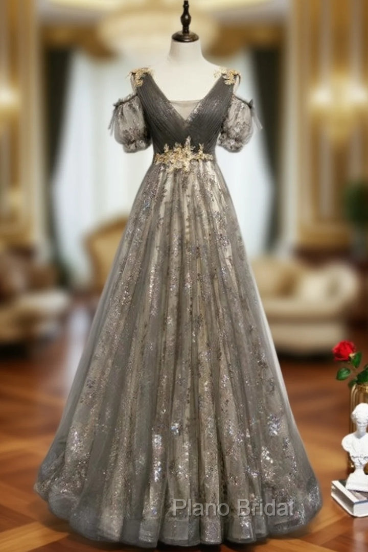 Gray Tulle Sequins V-neck Pleats Beading Formal Prom Dresses Main image