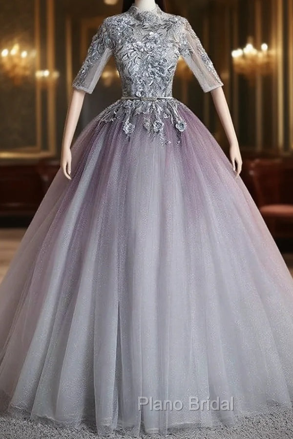 Gray Tulle Short Sleeve High Neck Quinceanera Dresses