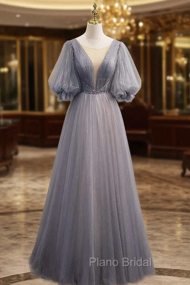 Gray Tulle Short Sleeve Pleats Beading Formal Prom Dresses Main image