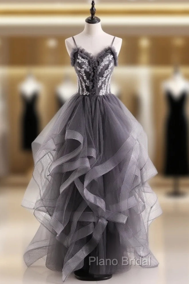 Gray Tulle Spaghetti Straps Appliques Formal Prom Dresses Main image