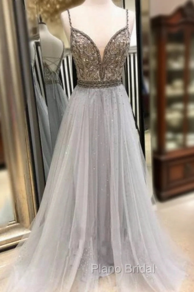Gray Tulle Spaghetti Straps Backless Beading Sequins Formal Prom Dresses Main image