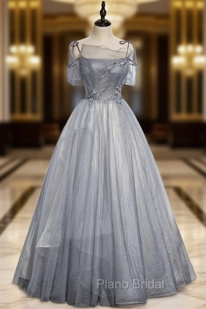 Gray Tulle Spaghetti Straps Beading Formal Prom Dresses Main image