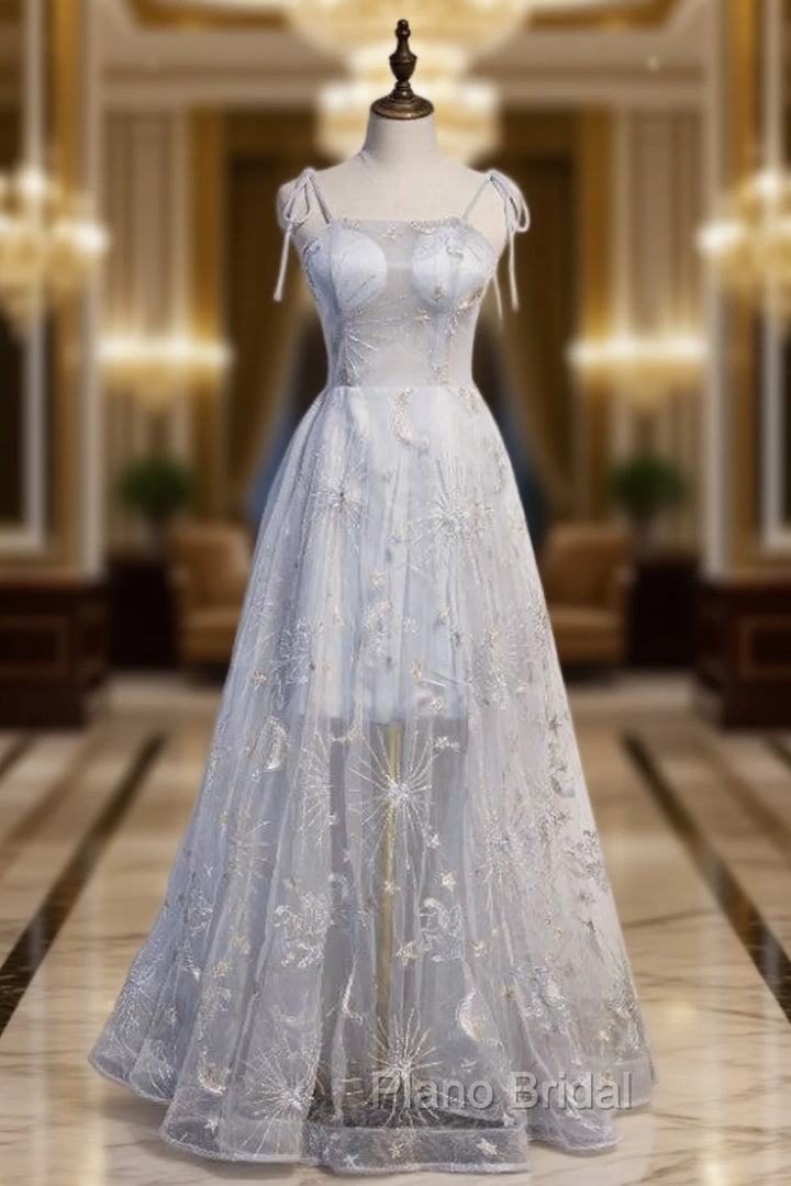 Gray Tulle Spaghetti Straps Embroidery Formal Prom Dresses Main image