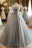 Gray Tulle Spaghetti Straps Flower Formal Prom Dresses