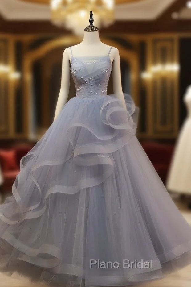 Gray Tulle Spaghetti Straps Pearls Formal Prom Dresses