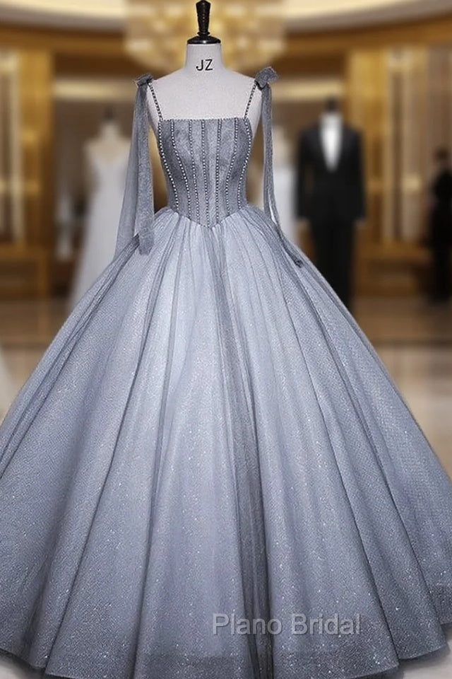Gray Tulle Spaghetti Straps Pearls Quinceanera Dresses Main image
