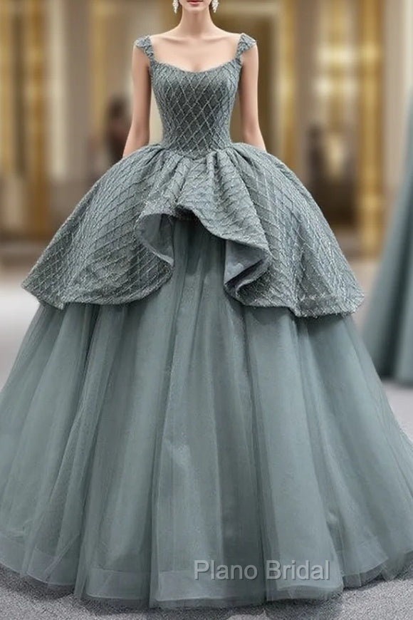 Gray Tulle Straps Beading Formal Prom Dresses Main image
