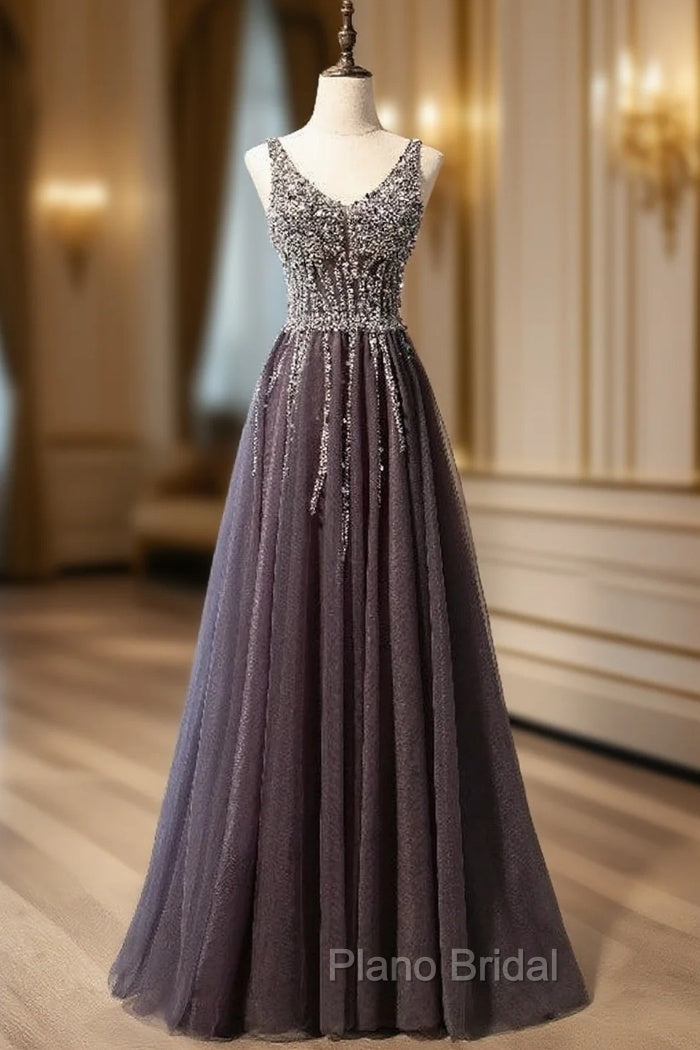 Gray Tulle V-neck Beading Sequins Formal Prom Dresses Main image