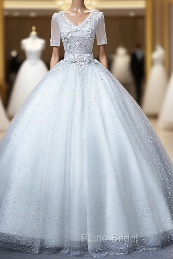 Gray Tulle V-neck Short Sleeve Appliques Quinceanera Dresses