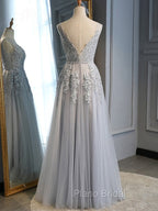 Gray Tulle with Lace Long Formal Prom Dresses, A-line Floor Length Gray Evening Dresses, Gray Bridesmaid Dresses