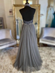 Gray v neck tulle beads long Formal Prom dress, gray tulle formal dress