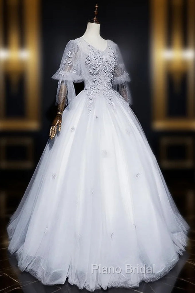 Gray V Neck Tulle Lace Long Formal Prom Dresses, Gray Lace Evening Dresses Main image