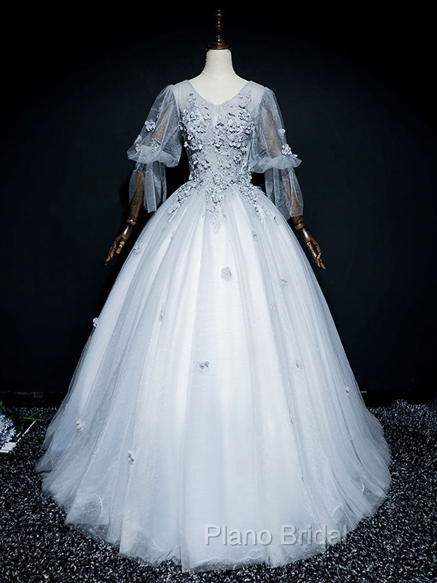 Gray V Neck Tulle Lace Long Formal Prom Dresses, Gray Lace Evening Dresses Secondary image