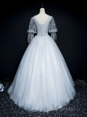 Gray v neck tulle lace long Formal Prom dress, gray tulle lace evening dress