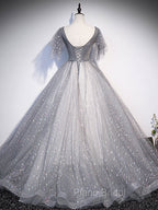 Gray V Neck Tulle Long Formal Prom Dresses, Gray Tulle Sequin Evening Dresses