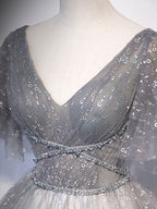 Gray V Neck Tulle Long Formal Prom Dresses, Gray Tulle Sequin Evening Dresses