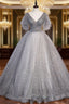 Gray V Neck Tulle Long Formal Prom Dresses, Gray Tulle Sequin Evening Dresses