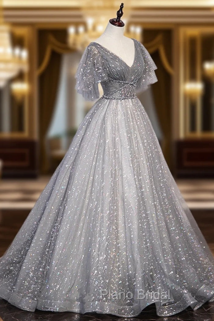Gray V-Neck Tulle Sequins Long Formal Prom Dresses, A-Line Short Sleeve Evening Dresses Main image