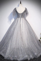 Gray V-Neck Tulle Sequins Long Formal Prom Dresses, A-Line Short Sleeve Evening Dresses