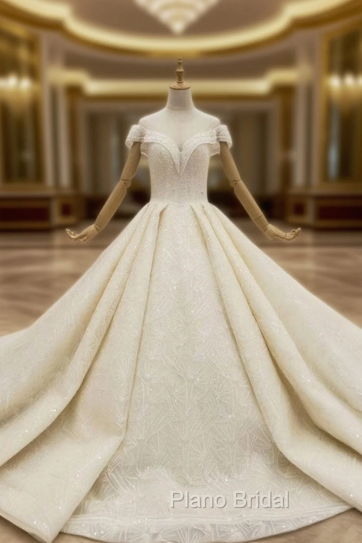 Great Choice Champagne Ball Gown Sequins Cap Sleeve Beading Wedding Dresses